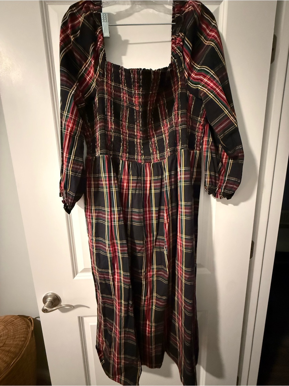 J. Crew Plaid Smocked Maxi Dress in Black, Red, Yellow